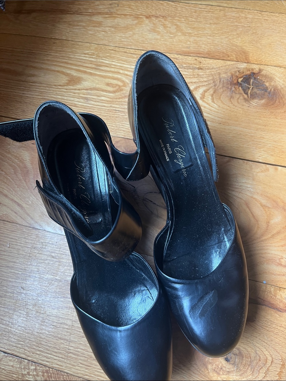 Robert Clergerie Black Leather Ankle-Strap Pumps with Sculpted Heel